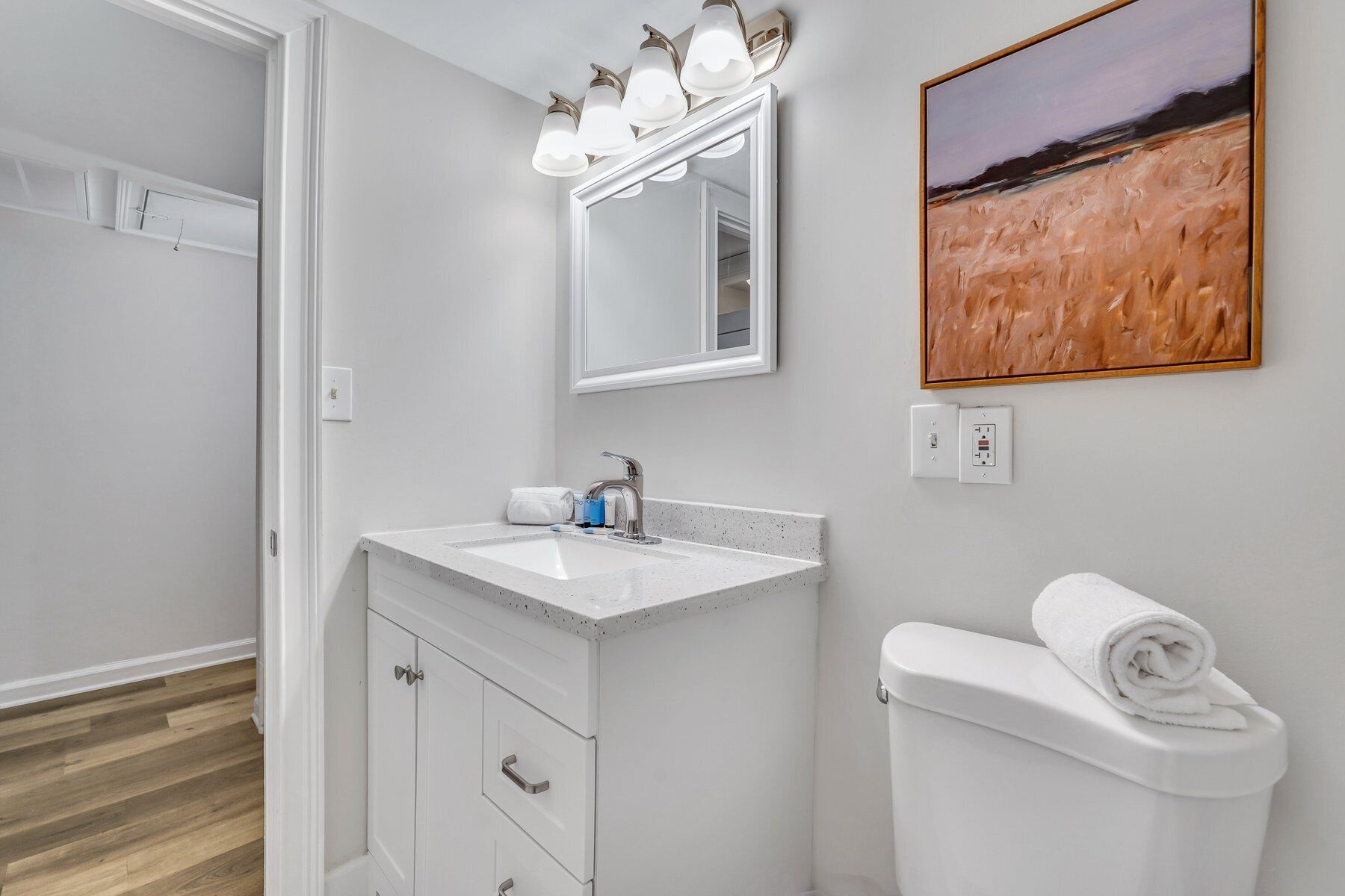 Een badkamer met een wit aanrecht, een wastafel, een spiegel en een toilet. Er hangt een schilderij aan de muur en een lamp boven de spiegel.