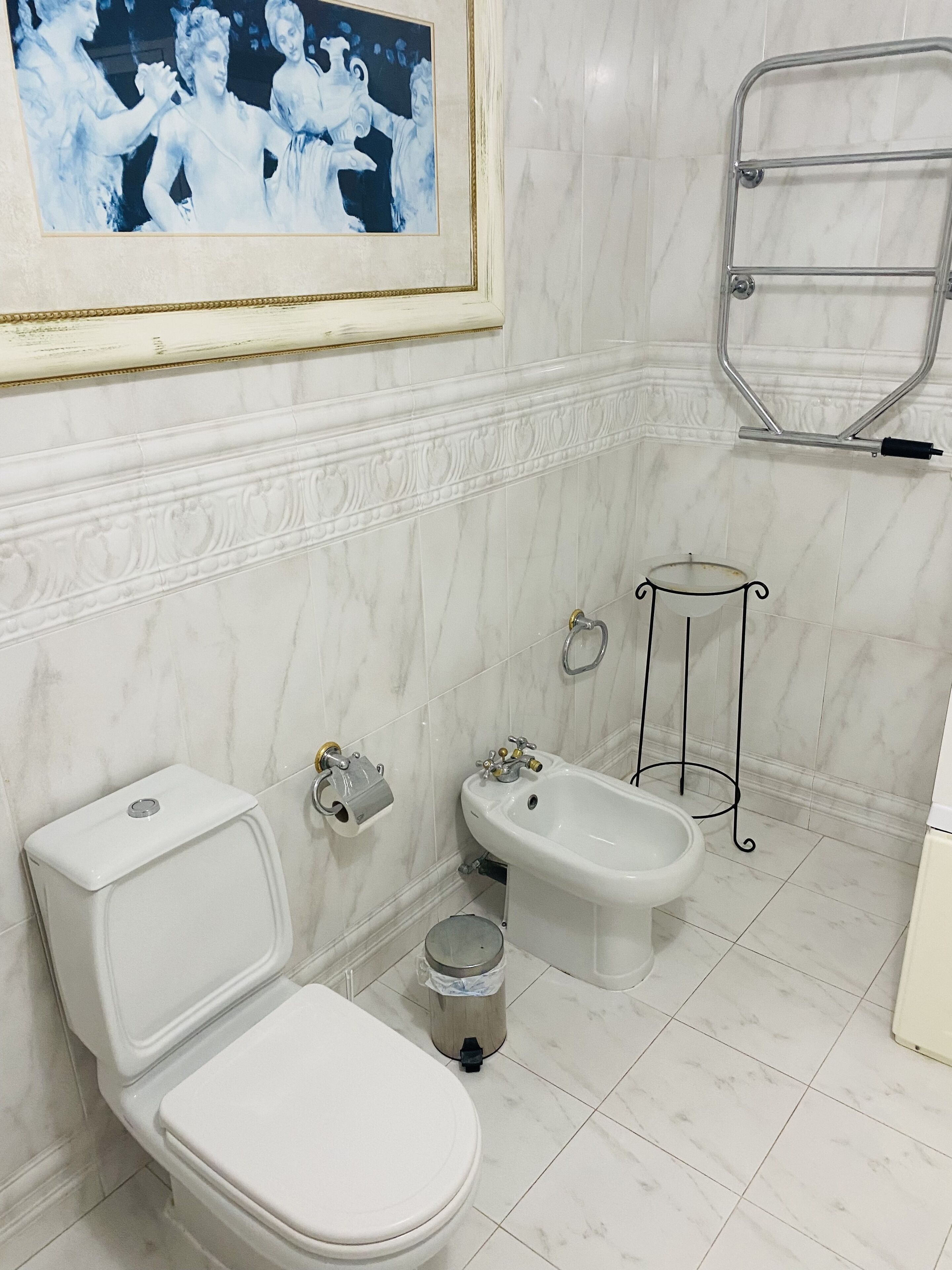 hair dryer, bidet, towels, soap