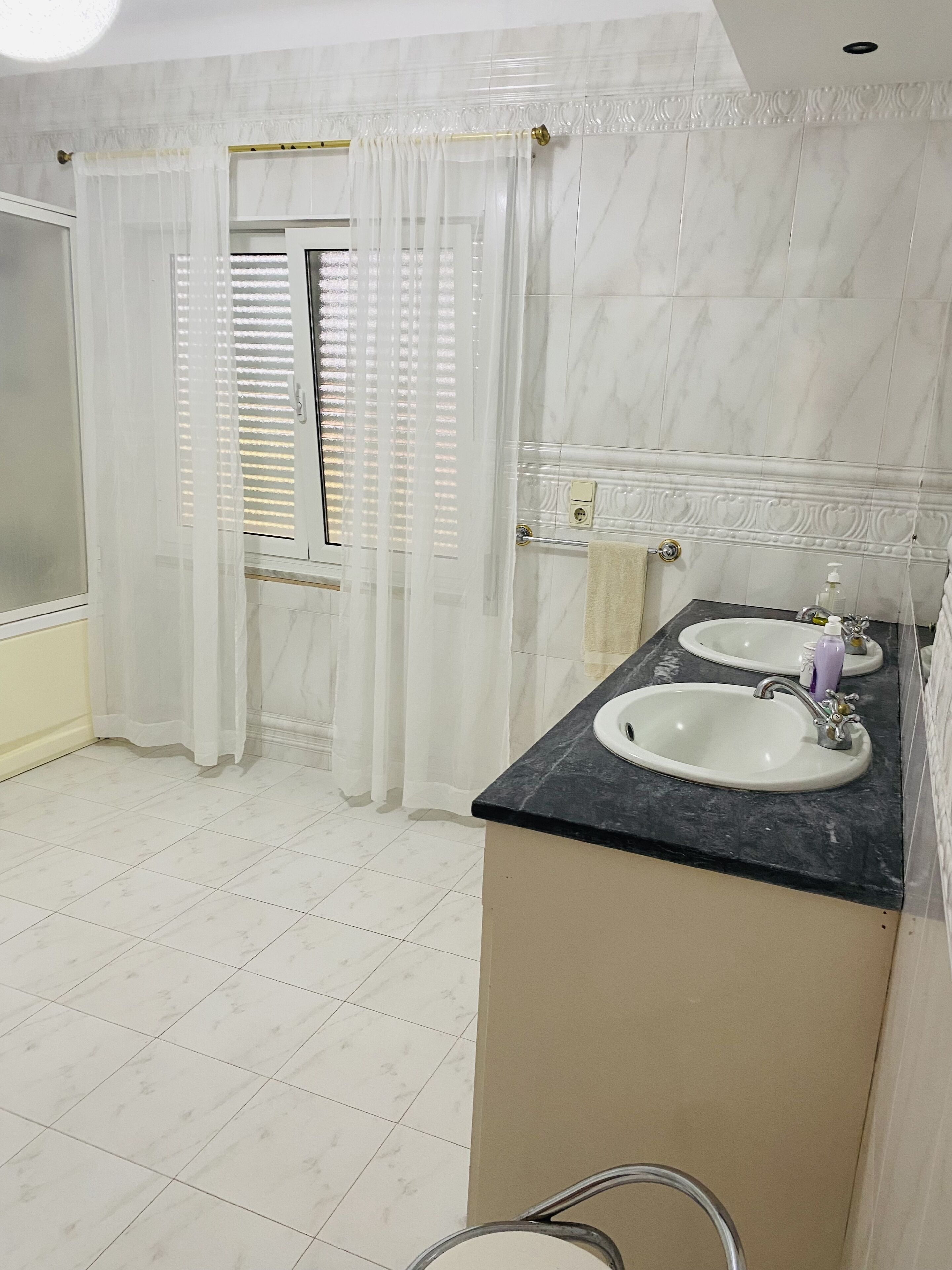 hair dryer, bidet, towels, soap