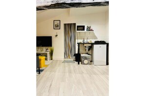 Cozy living space with a minimalist design, featuring a television, kitchenette, and seating area.