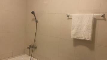 A bathroom with a bathtub, a shower with a handheld showerhead, a towel rack with a towel, and a toilet paper holder.
