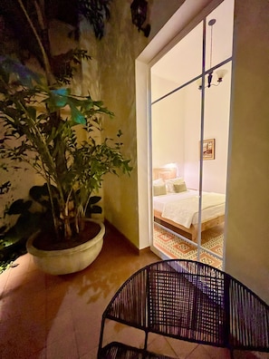 Una habitación con una cama, una planta en maceta y una silla.