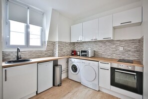 Microwave, oven, coffee/tea maker, cookware/dishes/utensils