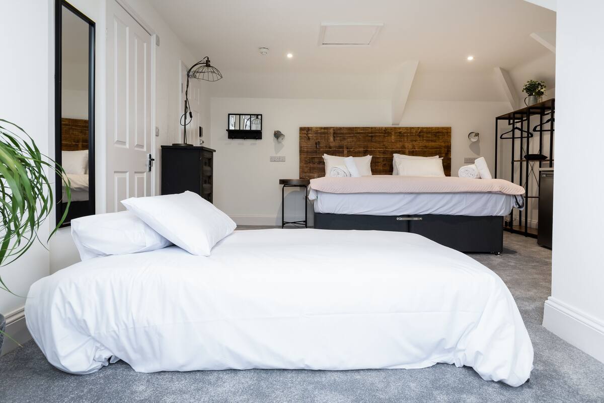 A bedroom with a large bed, a smaller bed, a dresser, a mirror, and a plant.