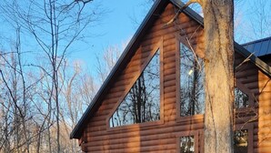 Una baita di legno con un focolare in pietra di fronte.