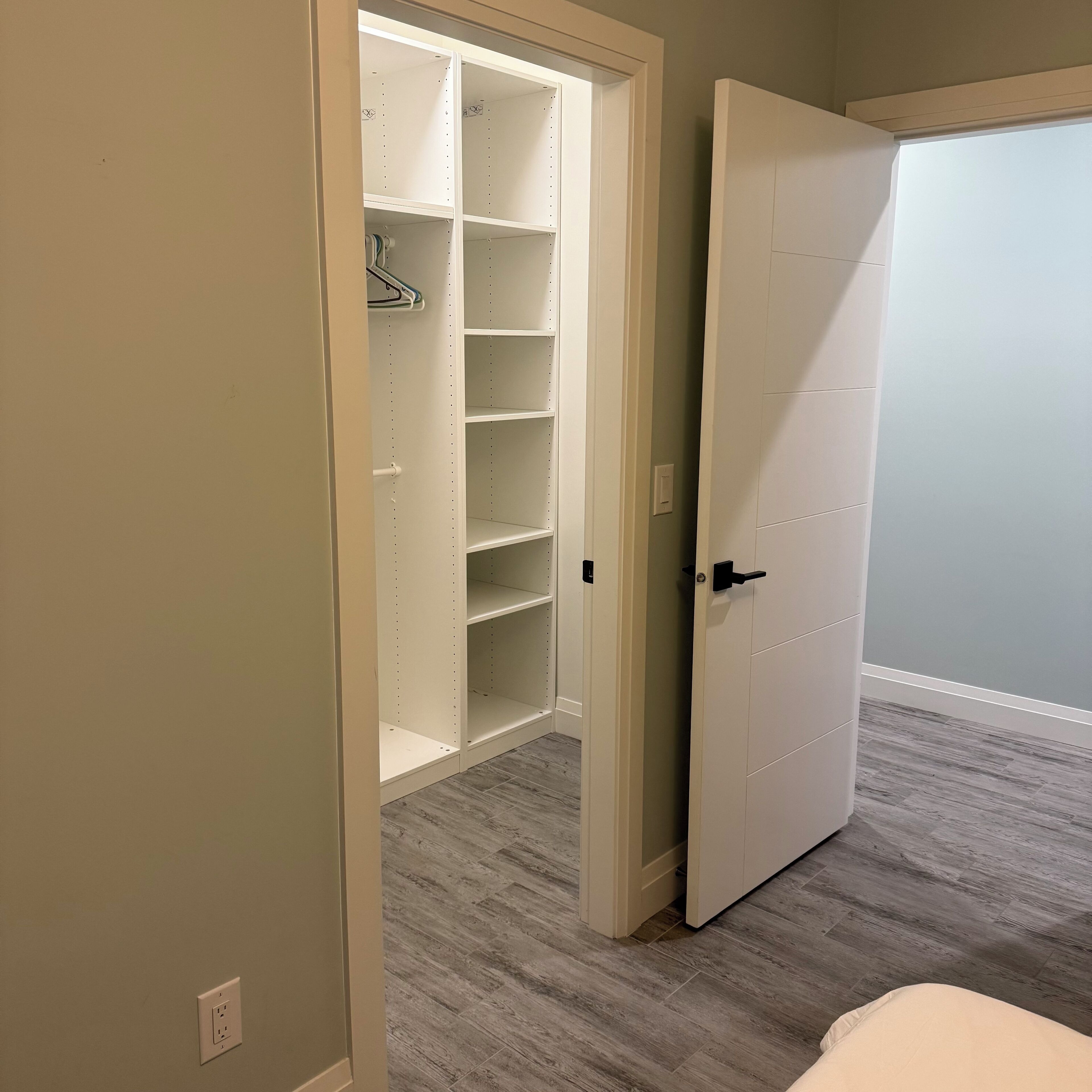 A room with a walk-in closet, a door, and a carpeted floor.