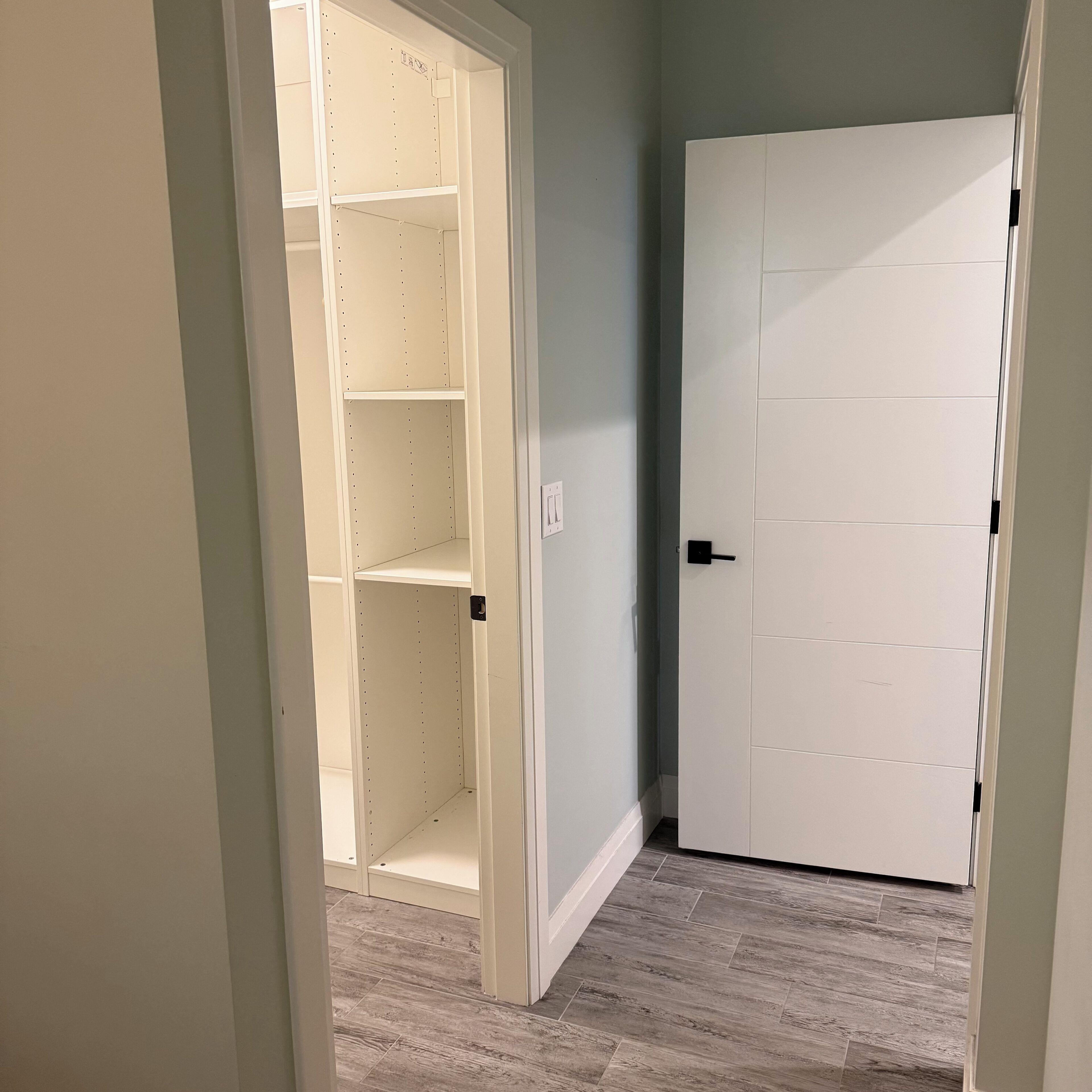 Un pasillo con una puerta blanca y un armario con varios estantes.