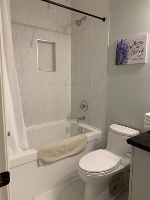 Hair dryer, towels, soap, shampoo