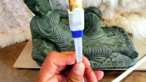 Una mano sosteniendo un cable USB con un conector blanco y azul, frente a una estatua de Buda.