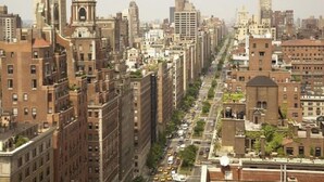 Un paisaje urbano con diversos edificios, incluyendo una torre destacada con cúpula y aguja, y una calle bordeada de automóviles y árboles.