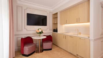 Mini-fridge, microwave, stovetop, espresso maker