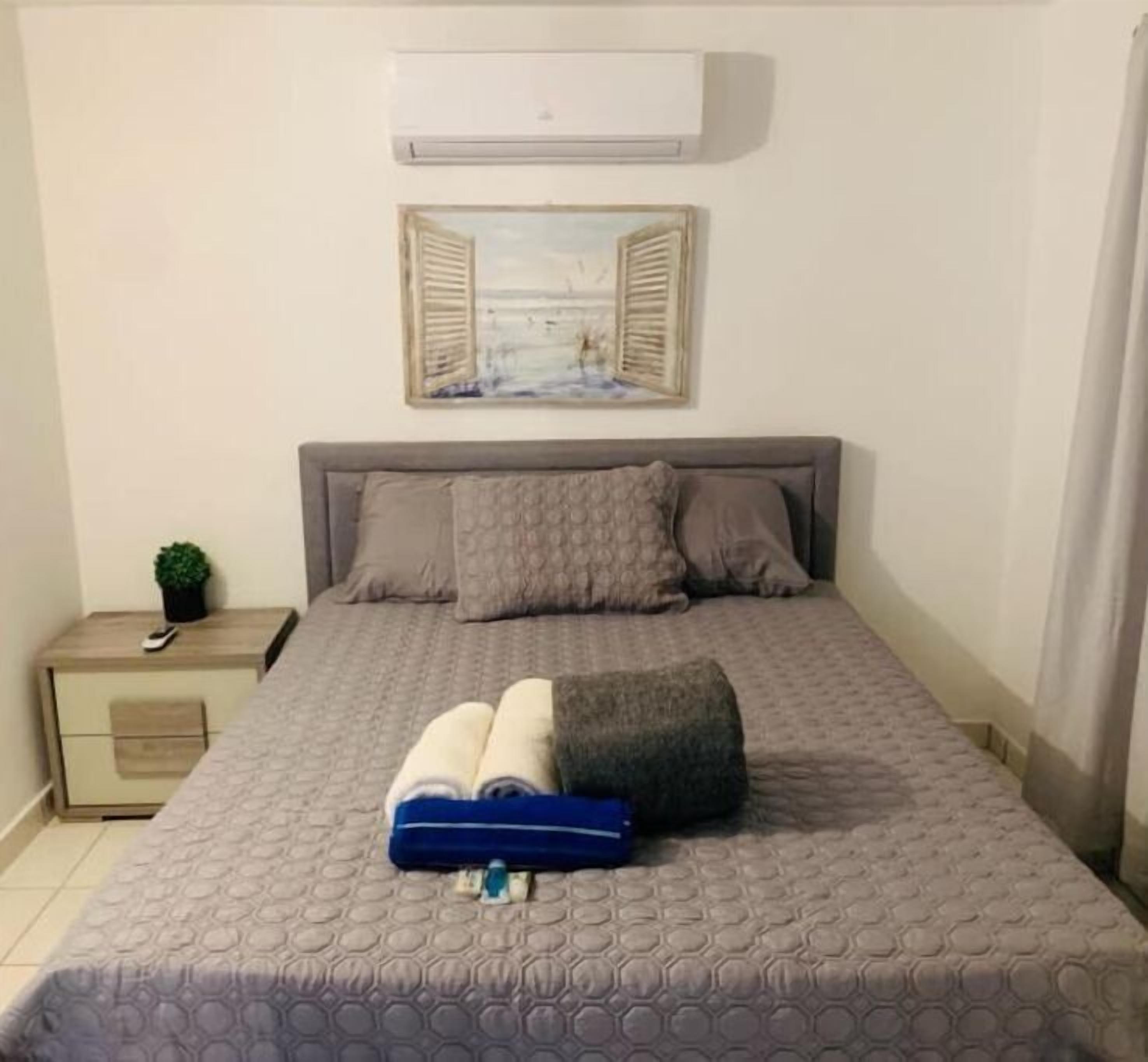 Quarto com cama, mesa de cabeceira, uma planta pequena e um quadro na parede.