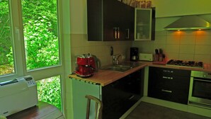 A compact kitchen with a built-in dishwasher, a coffee maker, and a stove. - The River Mountain House at 1,000m altitude in the Pyrenées-Orièntales (Nohèdes)