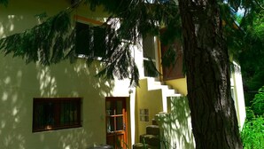 A building with a large tree in front, a window, and a door. - The River Mountain House at 1,000m altitude in the Pyrenées-Orièntales (Nohèdes)