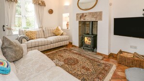 A cozy living room with a sofa, a patterned rug, a fireplace, and a television.