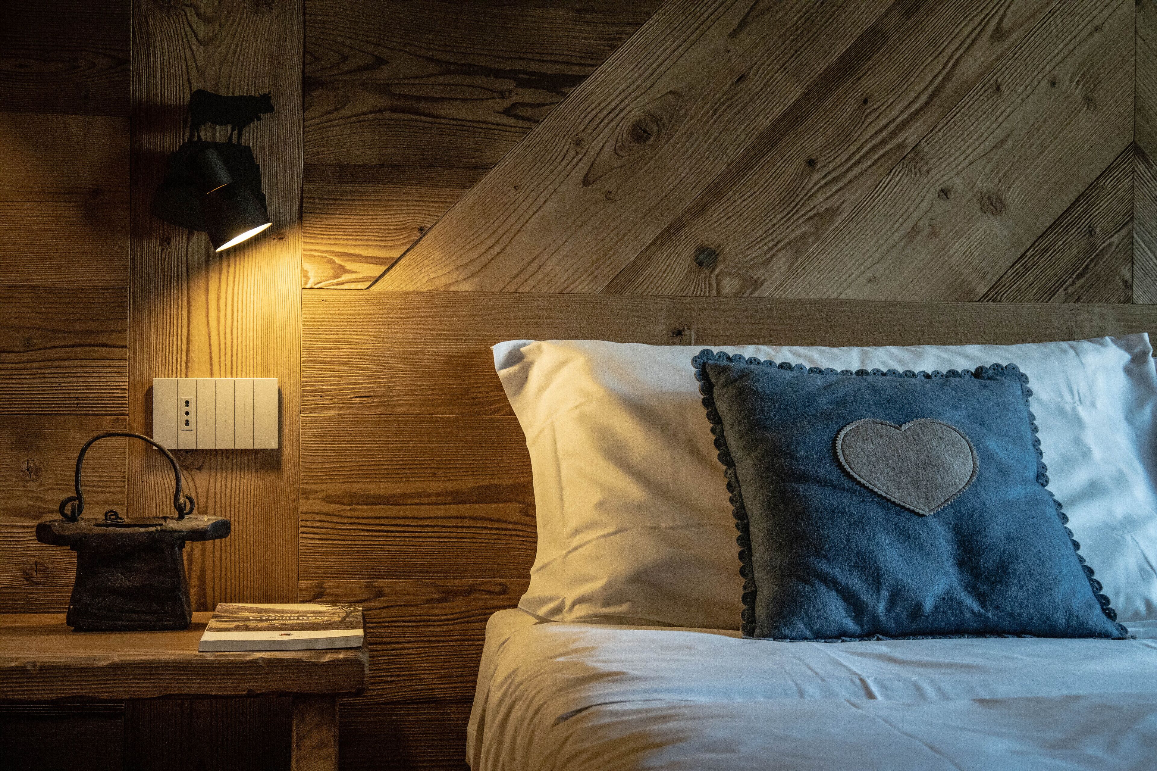 Une pièce en bois avec un lit, une table de chevet, une lampe et une prise électrique au mur.