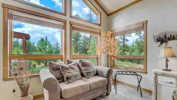 A room with a beige sofa, a small table, and a view of trees through large windows. - Remote Cabin Family Fun Hot Tub (Florissant)