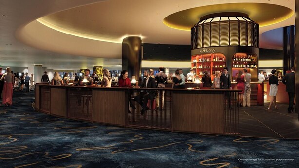 Eine geräumige Lobby mit Bar im Zentrum, verschiedenen Sitzgelegenheiten und einem modernen architektonischen Design.