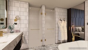 A modern bathroom with a marble vanity, a large mirror, and a shower area. - The Star Grand Brisbane (Brisbane)
