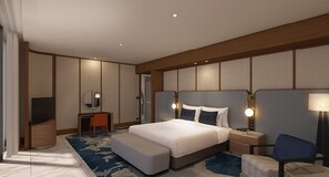 A modern hotel room with a large bed, a desk, a chair, and a mirror. - The Star Grand Brisbane (Brisbane)