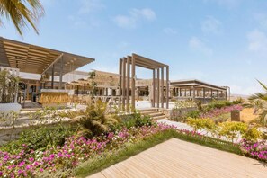 Un complexe hôtelier moderne doté d’une terrasse en bois, d’un espace extérieur aménagé et d’une grande variété de plantes et de fleurs.