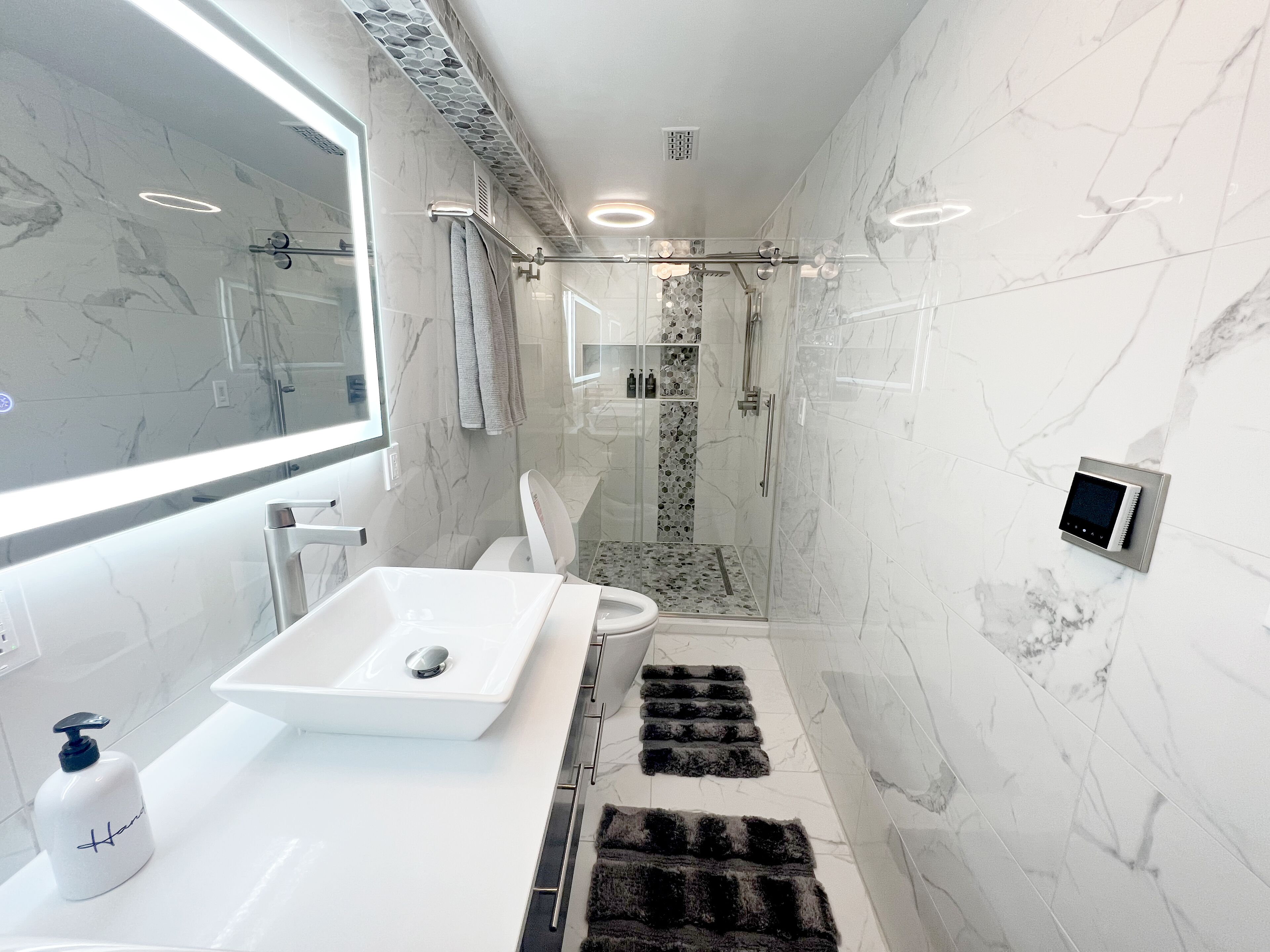 Shower, hair dryer, bidet, towels