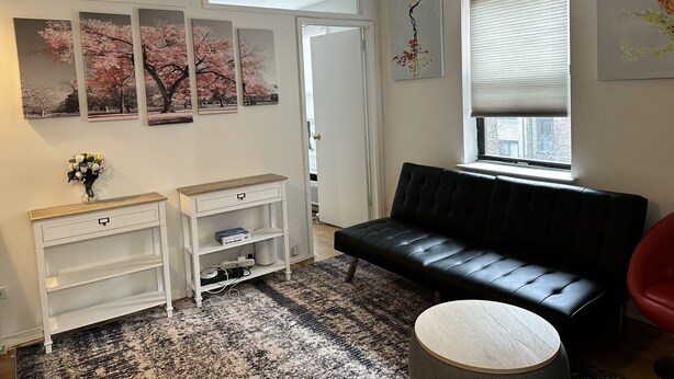 Een moderne woonkamer met een zwarte leren bank, een witte console tafel en een zwart-wit tapijt.