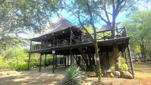 Una estructura de madera con techo de paja, elevada sobre pilotes, rodeada de árboles y rocas.