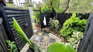 Un jardín con cerca de madera, una fuente de agua y diversas plantas.