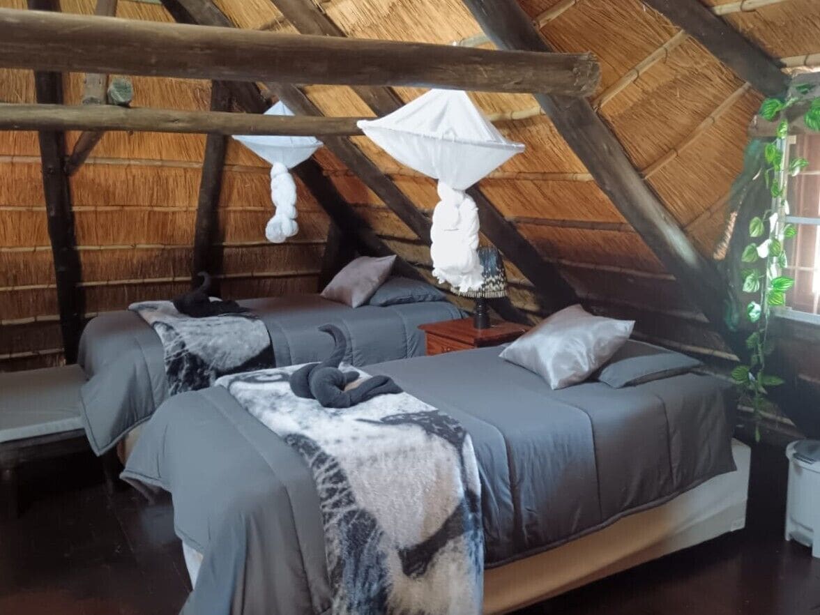 A room with two beds, a wooden ceiling, and a hanging mosquito net.