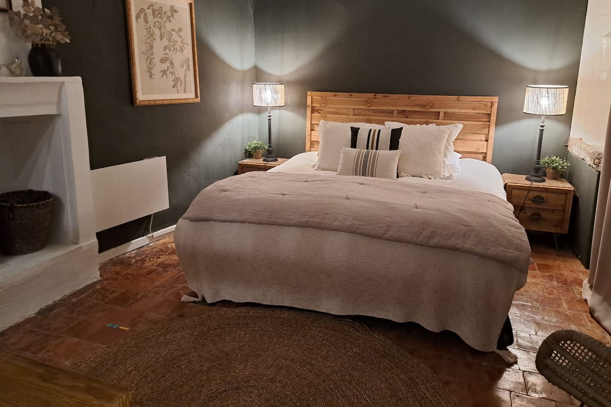 Un dormitorio con una cama grande, dos mesitas de noche con lámparas, un cabecero de madera, una obra de arte enmarcada en la pared y una pequeña planta en una de las mesitas.