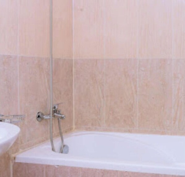 Une salle de bain avec une baignoire, une douche et un lavabo.