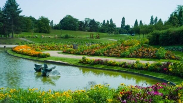 Ein friedlicher Garten mit Teich, umgeben von farbenprächtigen Blumenbeeten und verschiedenen Bäumen.