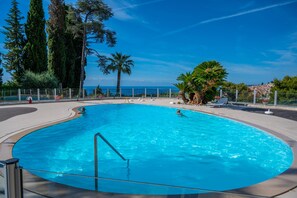 Una piscina grande y transparente de color azul con borde curvo, rodeada por un solado empedrado y una valla metálica. Se observan palmeras y otra vegetación alrededor de la piscina.