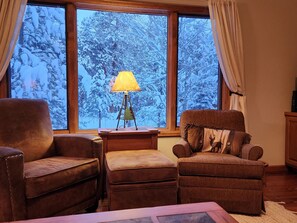 TV connectée, cheminée, livres, écrans d'ordinateur