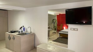A compact living space with a kitchenette, a flat-screen TV, and a mirrored wall reflecting the room. - Nest of the Maximum loft (Palermo)