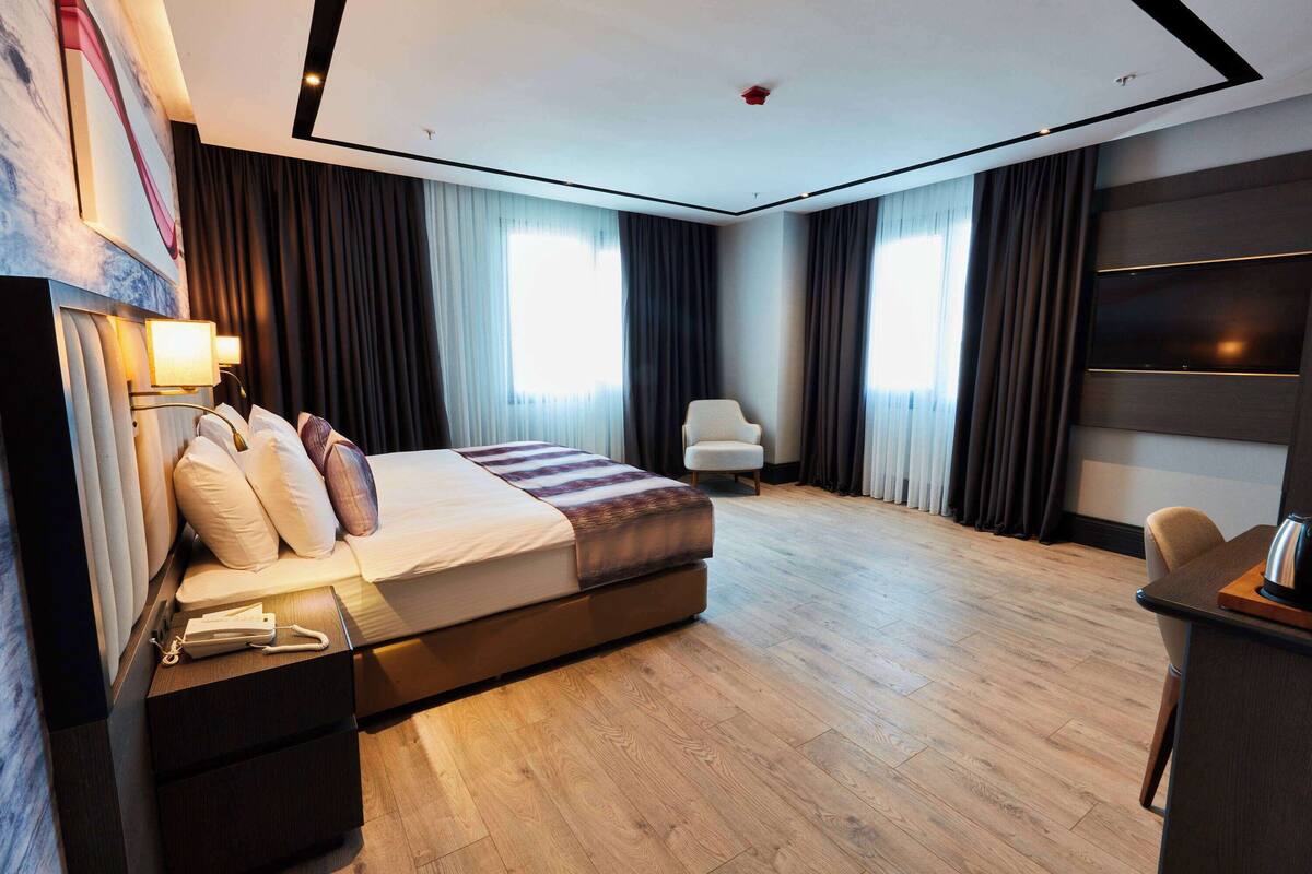 Una habitación de hotel moderna con una cama grande, un escritorio, una silla y un televisor.