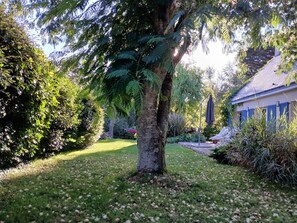 A house with a well-maintained garden, a large tree, and a pathway leading to the house.