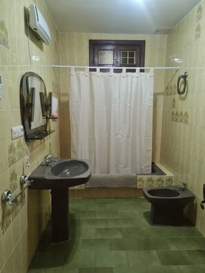 Een douche, een haardroger, een bidet, handdoeken