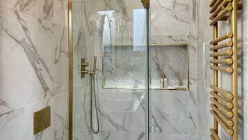 Shower, hair dryer, bidet, towels