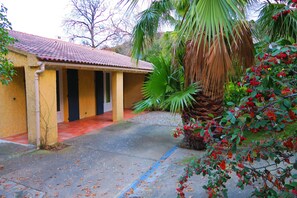 A yellow building with a tiled roof, a concrete pathway, and a palm tree.