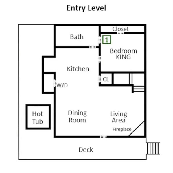 A floor plan with a bedroom labeled 'KING', a bathroom, a kitchen, a dining room, a living area with a fireplace, and a hot tub.