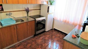 A compact kitchen with wooden cabinets, a stove, a sink, and a refrigerator. - Apartments Franica - Three Bedroom Apartment with Terrace (Zadar)