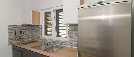 Fridge, stovetop, cookware/dishes/utensils