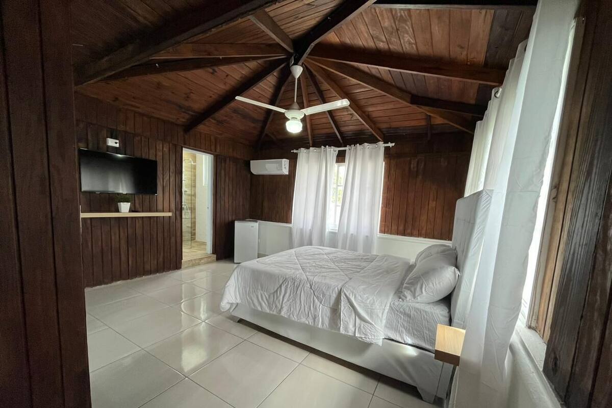 Une chambre à coucher avec un lit, un ventilateur de plafond, une télévision et une fenêtre avec des rideaux.