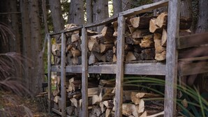 A stack of firewood in a metal rack outdoors. - Charming Cottage on the River (South Bruce Peninsula)