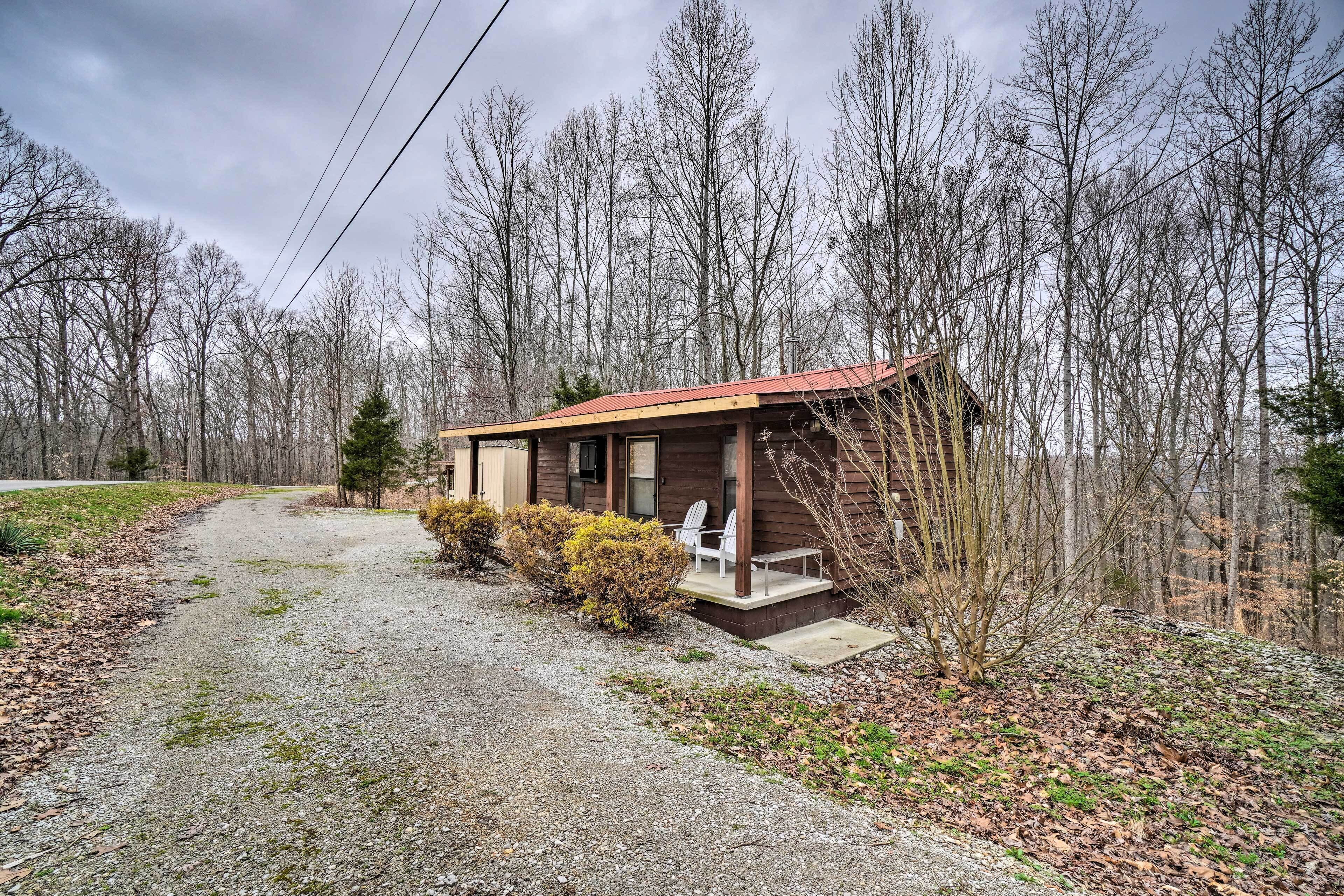 A rustic cabin with a gravel driveway, surrounded by leaf-covered ground and bare trees.