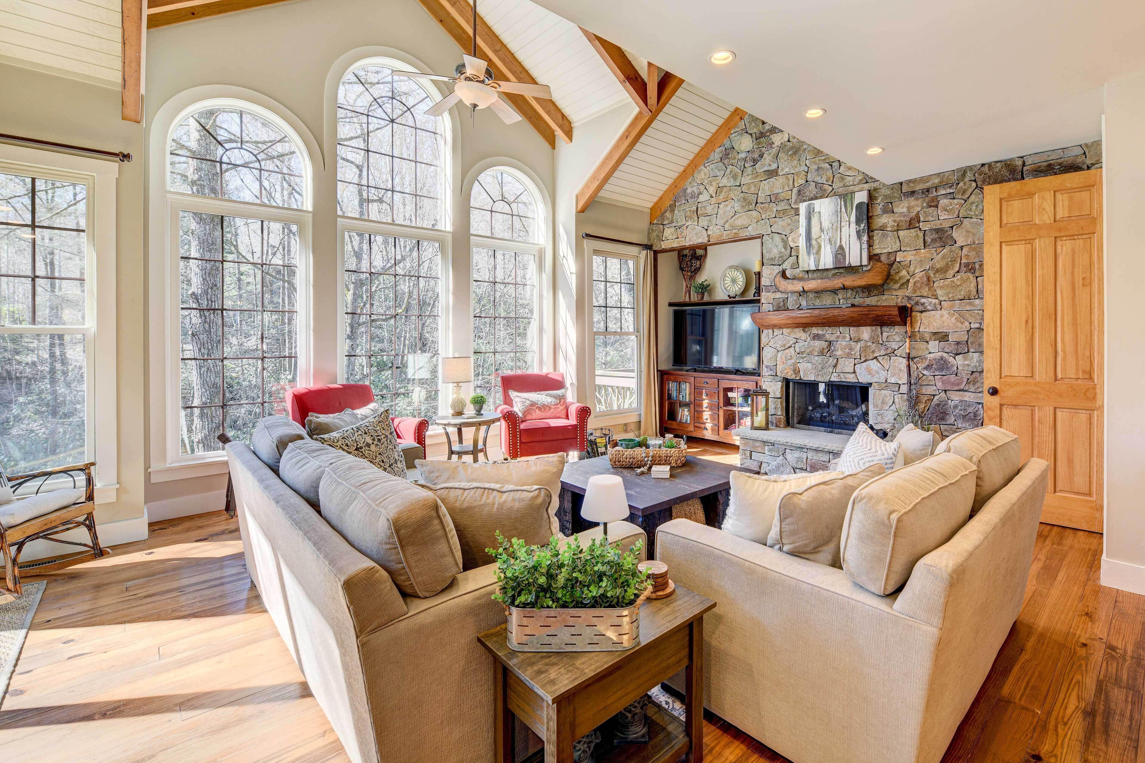 TV, fireplace, books