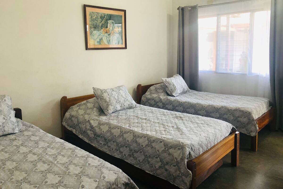 Une chambre avec trois lits simples, un tableau au mur et une fenêtre avec des rideaux.