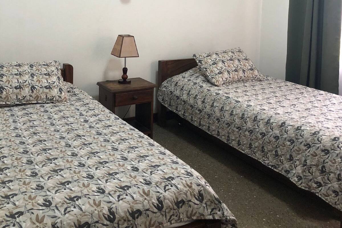 Une chambre avec deux lits simples, une table de chevet avec une lampe, un tableau encadré au mur et une fenêtre avec des rideaux.